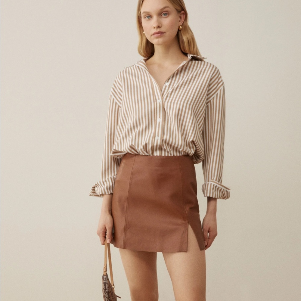Reformation Veda Brown Leather Mini Skirt with slit